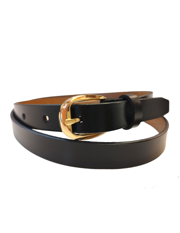 Alef Alef | אלף אלף - בגדי מעצבים | חגורת עור שחור דק אבזם זהב