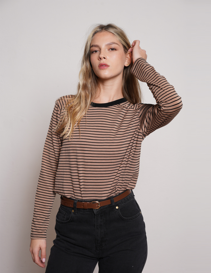 Alef Alef | אלף אלף - בגדי מעצבים | NO.16 LONG T-SHIRT BROWN BLACK STRIPES