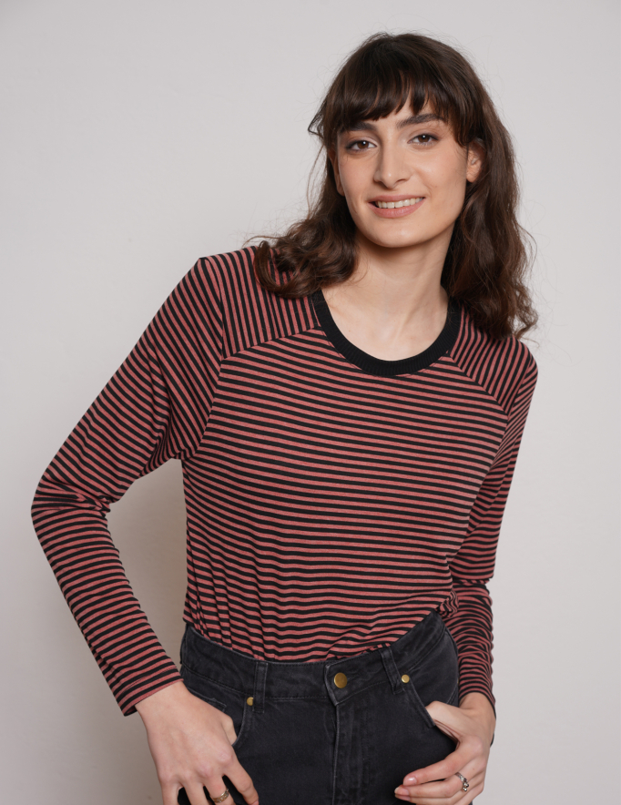 Alef Alef | אלף אלף - בגדי מעצבים | NO.16 LONG T-SHIRT PINK  BLACK STRIPES