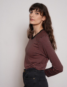 Alef Alef | אלף אלף - בגדי מעצבים | NO.16 LONG T-SHIRT PINK  BLACK STRIPES