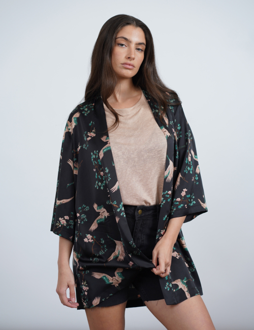 Alef Alef | אלף אלף - בגדי מעצבים | קימונו ELIZABETH שחור פרינט עגור Alef Alef | אלף אלף - בגדי מעצבים | קימונו ELIZABETH שחור פרינט עגור