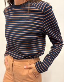 Alef Alef | אלף אלף - בגדי מעצבים | NO.16A טי שירט ארוכה פס מוקה דק Alef Alef | אלף אלף - בגדי מעצבים | NO.16A טי שירט ארוכה פס מוקה דק