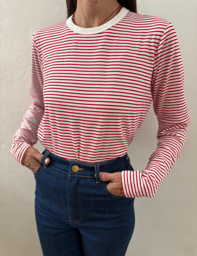 Alef Alef | אלף אלף - בגדי מעצבים | NO.56 טי שירט לבן פס אדום