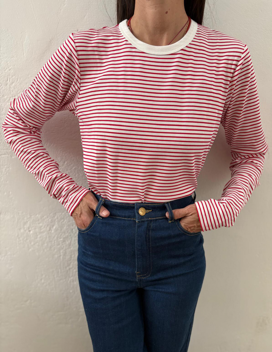 Alef Alef | אלף אלף - בגדי מעצבים | NO.56 טי שירט לבן פס אדום