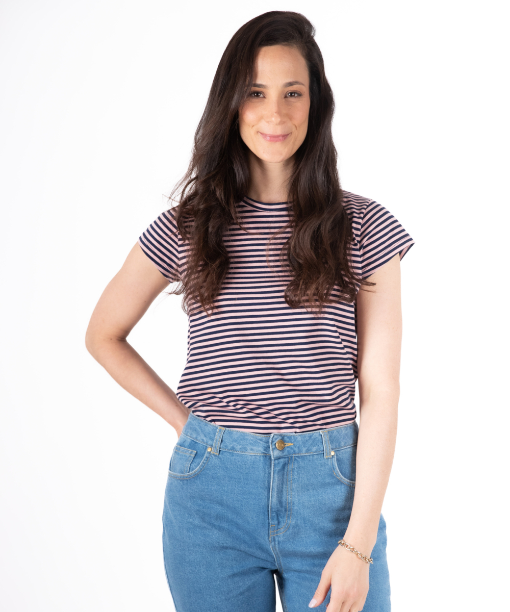 NO.14A טי שרט צמודה פסים ורוד נייבי