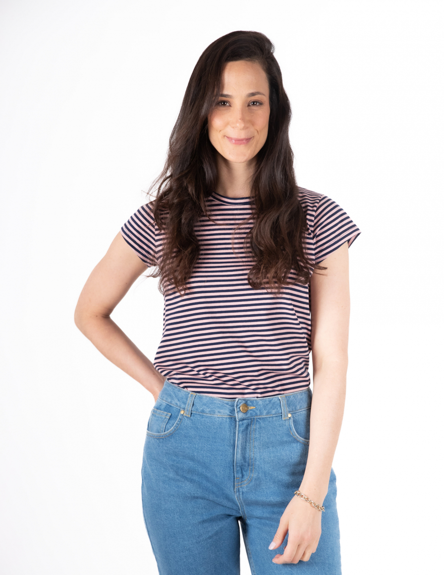 Alef Alef | אלף אלף - בגדי מעצבים | NO.14A טי שרט צמודה פסים ורוד נייבי