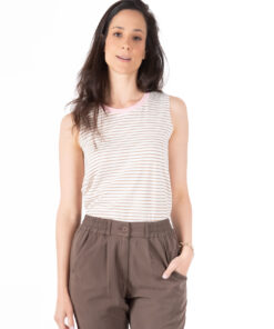 גופייה NO.6B לבן פס מוקה (עם גימור צוואר ורוד)