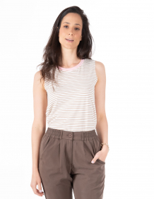 Alef Alef | אלף אלף - בגדי מעצבים | גופייה NO.6B לבן פס מוקה (עם גימור צוואר ורוד)