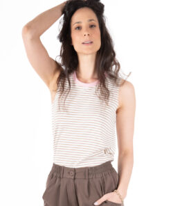 Alternative view of גופייה NO.6B לבן פס מוקה (עם גימור צוואר ורוד)