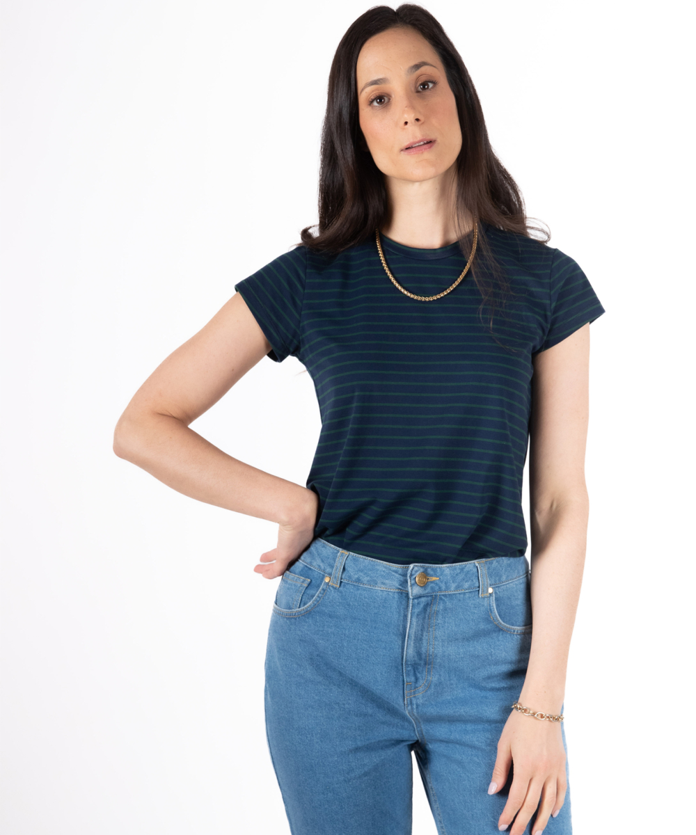 NO.14A טי שרט צמודה פסים נייבי ירוק