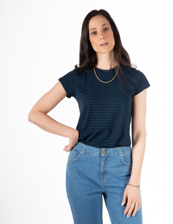 Alef Alef | אלף אלף - בגדי מעצבים | NO.14A טי שרט צמודה פסים נייבי ירוק Alef Alef | אלף אלף - בגדי מעצבים | NO.14A טי שרט צמודה פסים נייבי ירוק