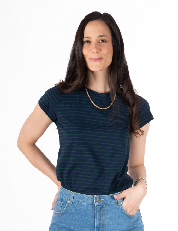 Alef Alef | אלף אלף - בגדי מעצבים | NO.14A טי שרט צמודה פסים נייבי ירוק Alef Alef | אלף אלף - בגדי מעצבים | NO.14A טי שרט צמודה פסים נייבי ירוק