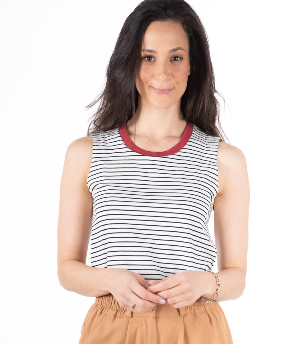 גופייה NO.6B לבן פס שחור (עם גימור צוואר אדום)