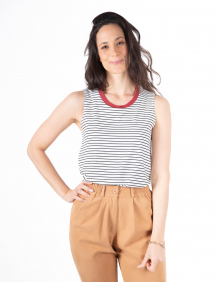 Alef Alef | אלף אלף - בגדי מעצבים | גופייה NO.6B לבן פס שחור (עם גימור צוואר אדום)