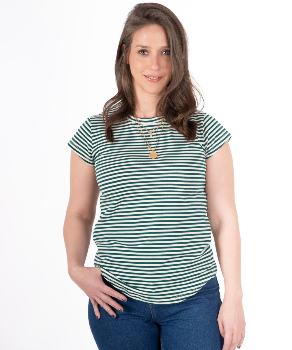 NO.14A טי שרט צמודה פסים שמנת ירוק