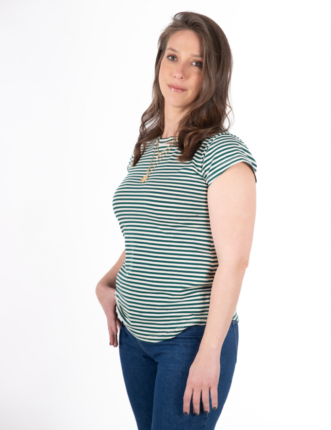 Alef Alef | אלף אלף - בגדי מעצבים | NO.14A טי שרט צמודה פסים שמנת ירוק